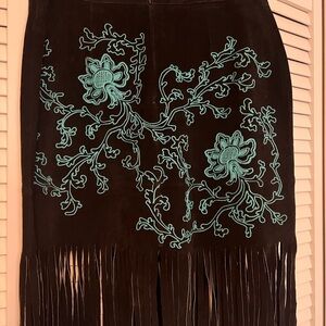 Black Suede Mini Skirt with Teal Floral Embroidery and Fringe